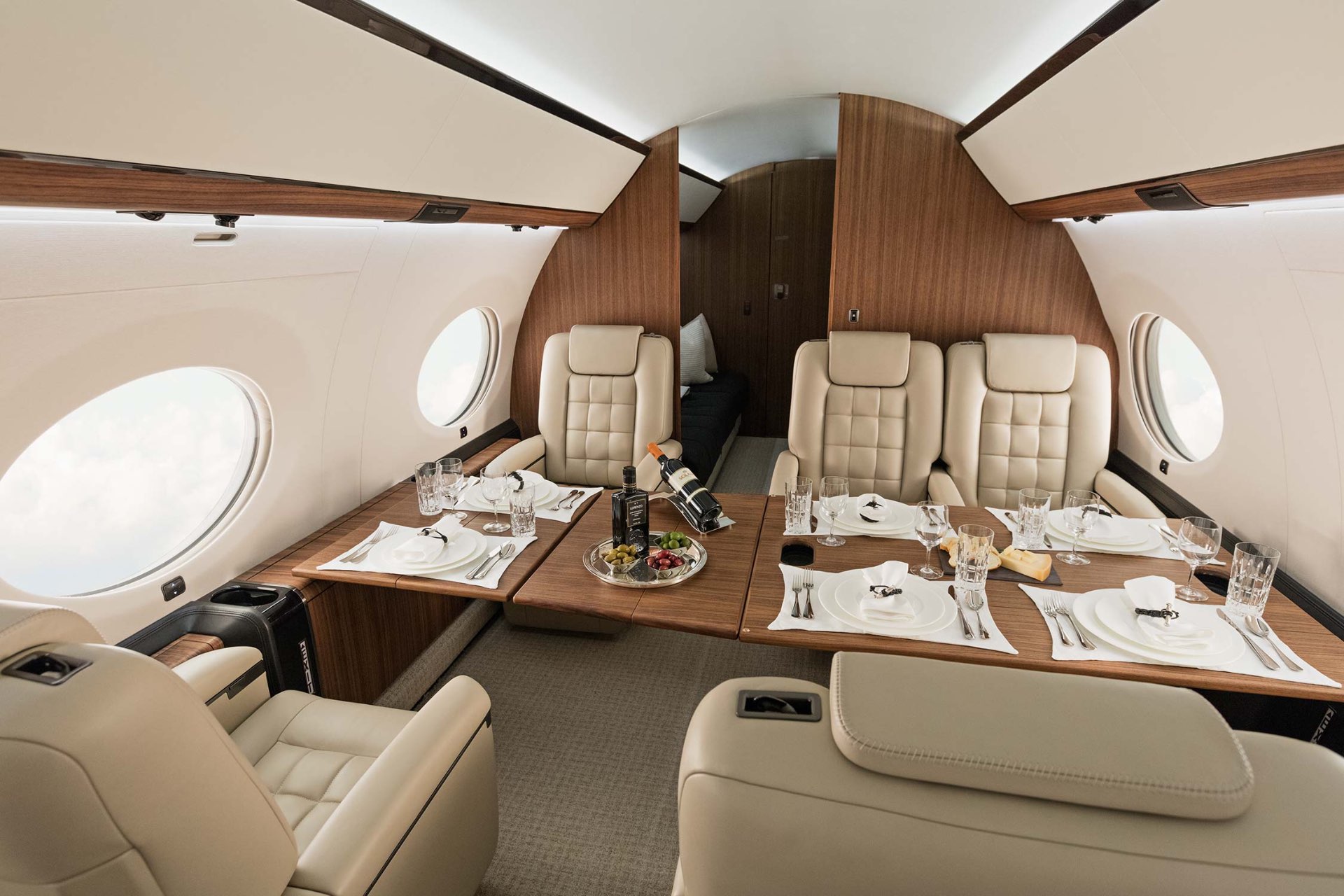 Gulfstream G650ER cabin interior set for fine dining service